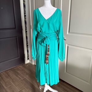Alexis Teal Blue 100% Silk Long Sleeve Midi Dress with Beaded Sash Belt Size L